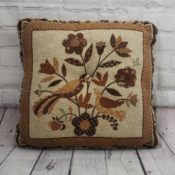 Vintage Folk Art  Grandmacore Birds Brown Tan Throw Pillow - Picture 1 of 10